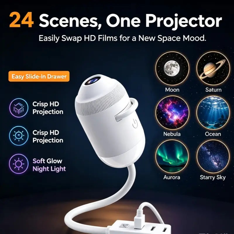 White sleek curved starry sky night light atmosphere lamp projector with a flexible stand and usb ports.