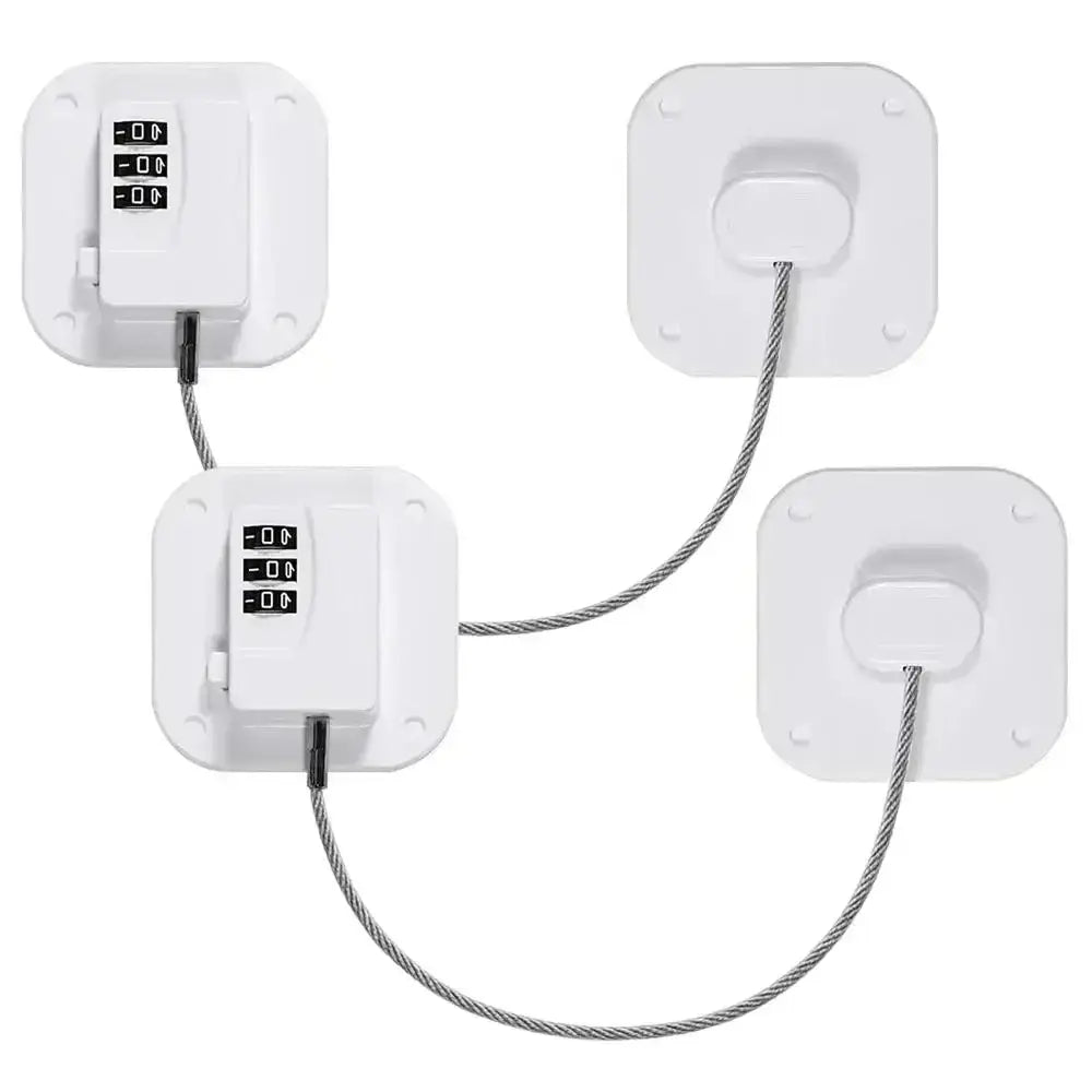 White plastic child safety refrigerator and cabinet lock strap with steel wire and three-digit combination locks for secure childproofing.