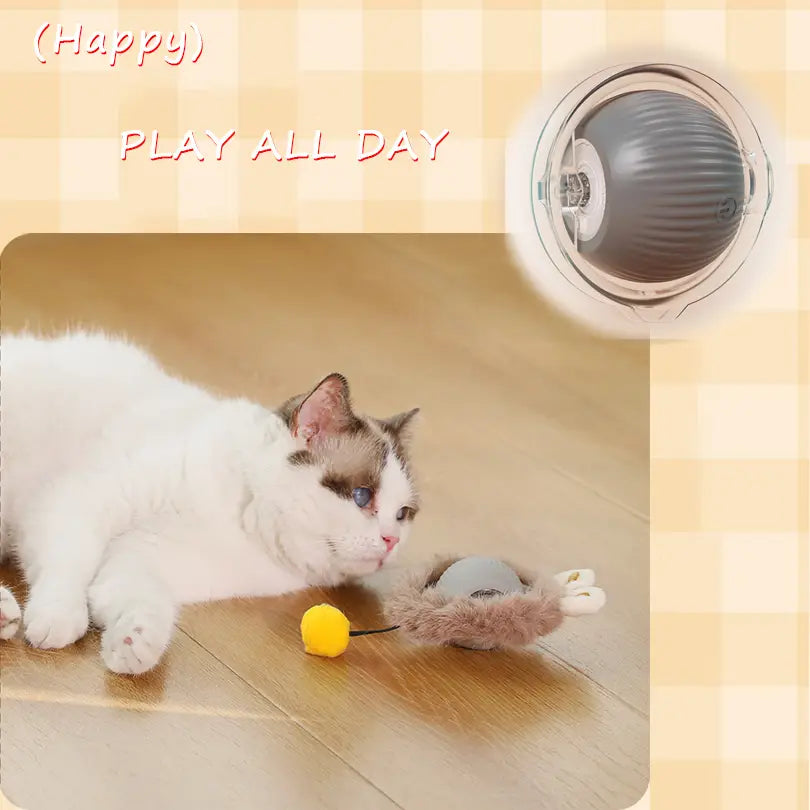 juguete de gato interactivo gris y blanco con accesorios de pata esponjosa, diseñado como parte de un conjunto de bolsita de rodillo de juguetes de gato interactivos, fabricado en la parte continental de China