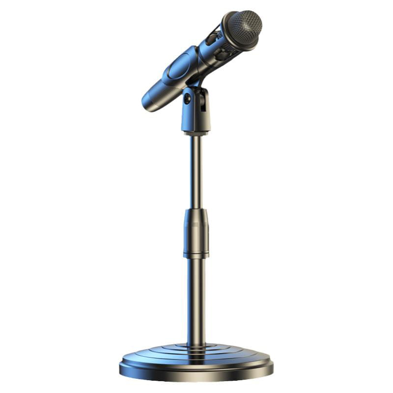 blue and black handheld microphone mounted on a metallic adjustable desktop microphone stand and holder