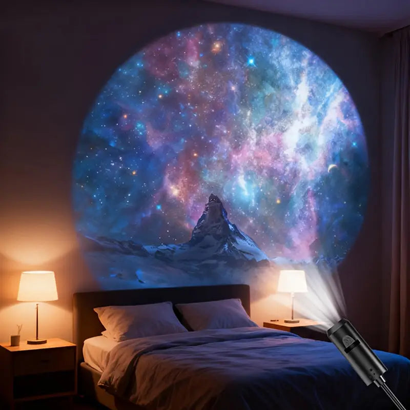A sleek black led galaxy projection lamp casting a vibrant cosmic scene with swirling nebulae and stars using 10 slides onto a wall.