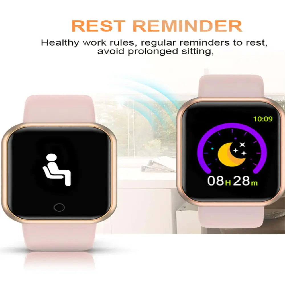 Smart watch fitness tracker bluetooth sport bracelet with pink silicone strap gold-tone square frame and black screen displaying rest reminder icon.