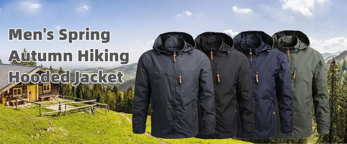 cuatro chaquetas cortavientos impermeables para hombre con capucha y forro a prueba de viento en azul marino oscuro, negro y verde oliva, exhibidas sobre un telón de fondo de un paisaje montañoso que muestra chaquetas para hombres Naturehike para uso en actividades al aire libre
