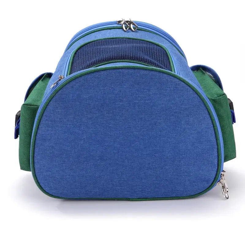 Mochila de viaje para mascotas de tela Oxford azul y verde, con panelado de malla, diseñada para caminatas como parte de los suministros para mascotas.