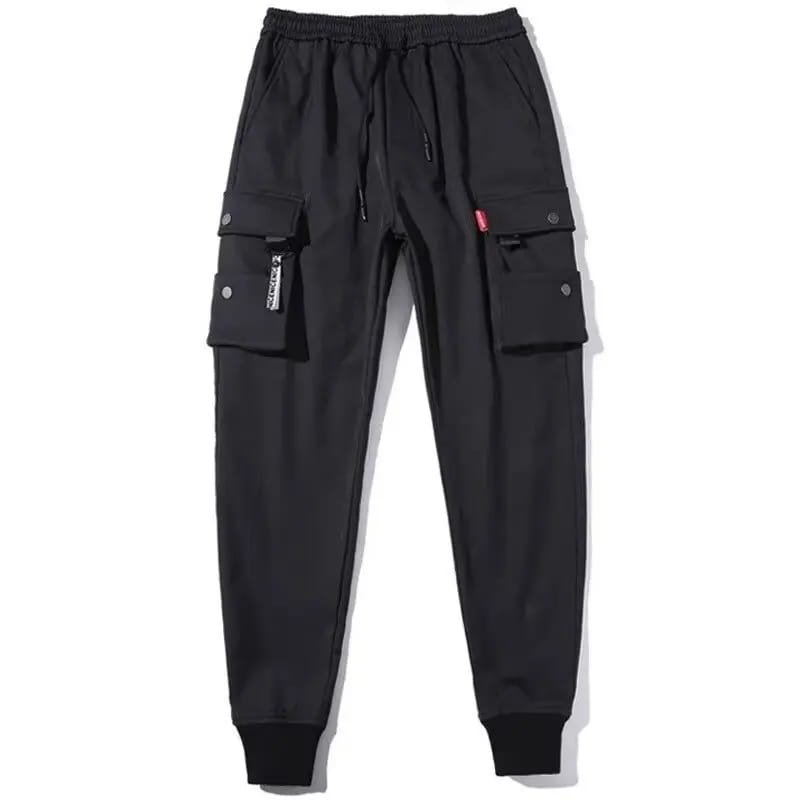 Men tactical cargo pants in black featuring multiple pockets, an elastic waistband, and a drawstring with a sleek modern design.