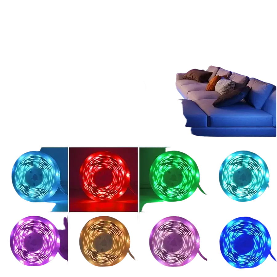 Flexible rgb led strip lights in blue, red, green, purple, and white with music sync and app control features