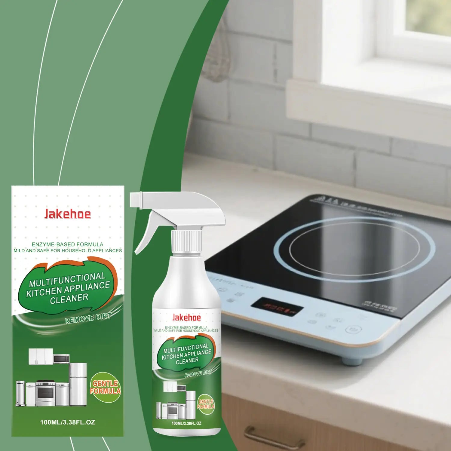 White spray bottle with green label and white trigger branded jakehoe for multifunctional kitchen appliance cleaner degreaser spray.