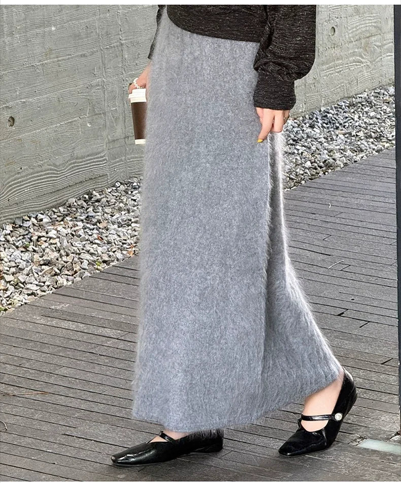 Women's Fall Winter Hairy Fuzzy Mohair Wool Brushed A-Line Maxi High Waist Flared Long Skirt Warm Draped Elegant Midi Skirt