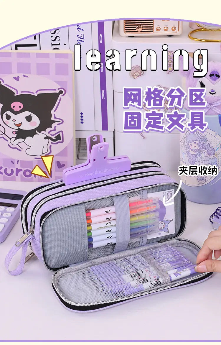 große Stifttasche mit hoher Kapazität in Flieder, Stationery-Organizer in Lila und Grau: verfügt über ein doppeltes Reißverschluss-Clip-Top-Design mit Mesh-Fächern zur geordneten Aufbewahrung von Stiften und Bleistiften