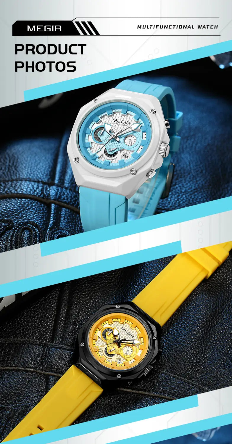 Megir sport chronograph watch with a white and light blue silicone strap, octagonal case, and skeletonized dial featuring silver-tone hands.