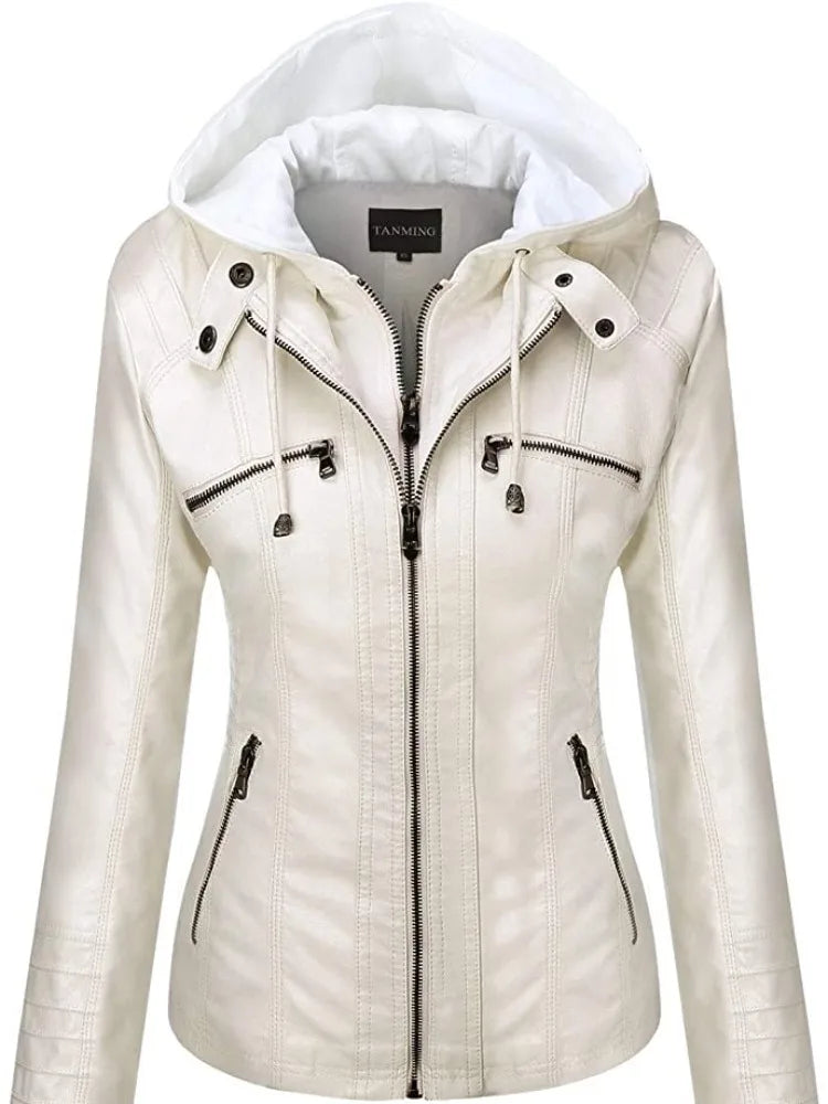 Hooded Leather Jacket Two-Piece Set Removable Large Size Leather Jacket for Women Spring Fall Outwear Women Pu Washed Leather