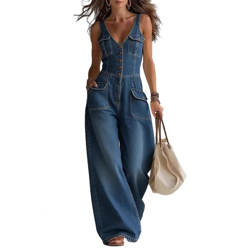 Women Jumpsuit Fashionable Women Romper Denim Jumpsuit for Women V Neck Wide Leg Romper Summer Vacation Outfit with Pockets Jean