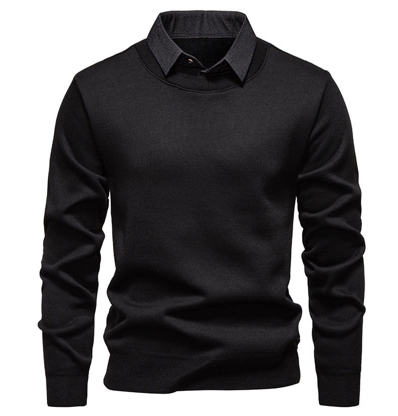 Schwarzer Herren-Pullover mit Stehkragen und Strickjersey-Polo-Optik mit langärmeligem Design und einem Kragen in Hemdoptik.