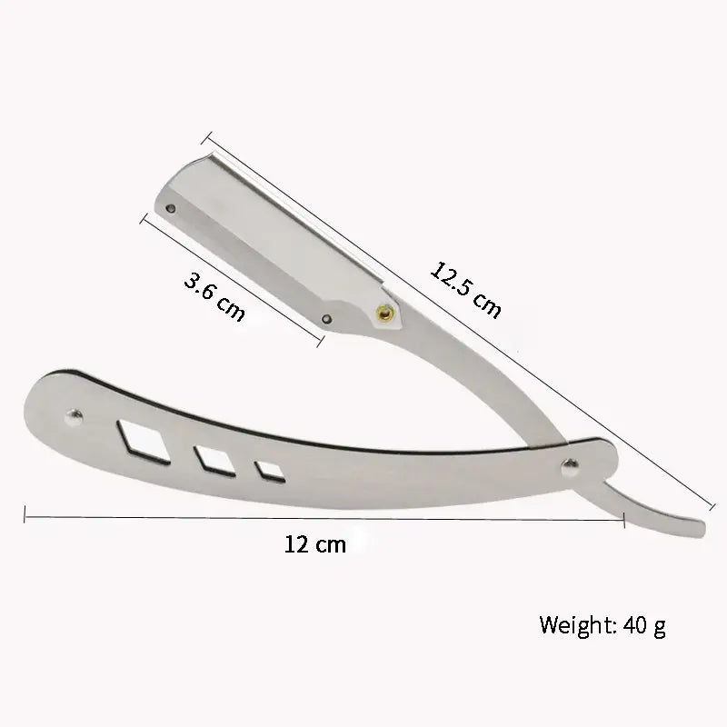 Couteau à lame droite pliant en acier inoxydable noir, outil de rasage pour hommes, avec un rasoir droit en acier inoxydable argenté présentant une finition polie élégante et trois découpes rectangulaires le long de la poignée.