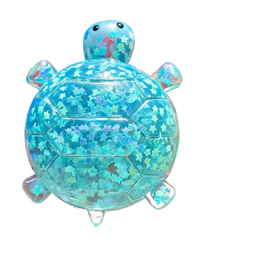 A translucent blue turtle shape squeeze toy filled with sparkling star confetti perfect as a sensory fidget toy