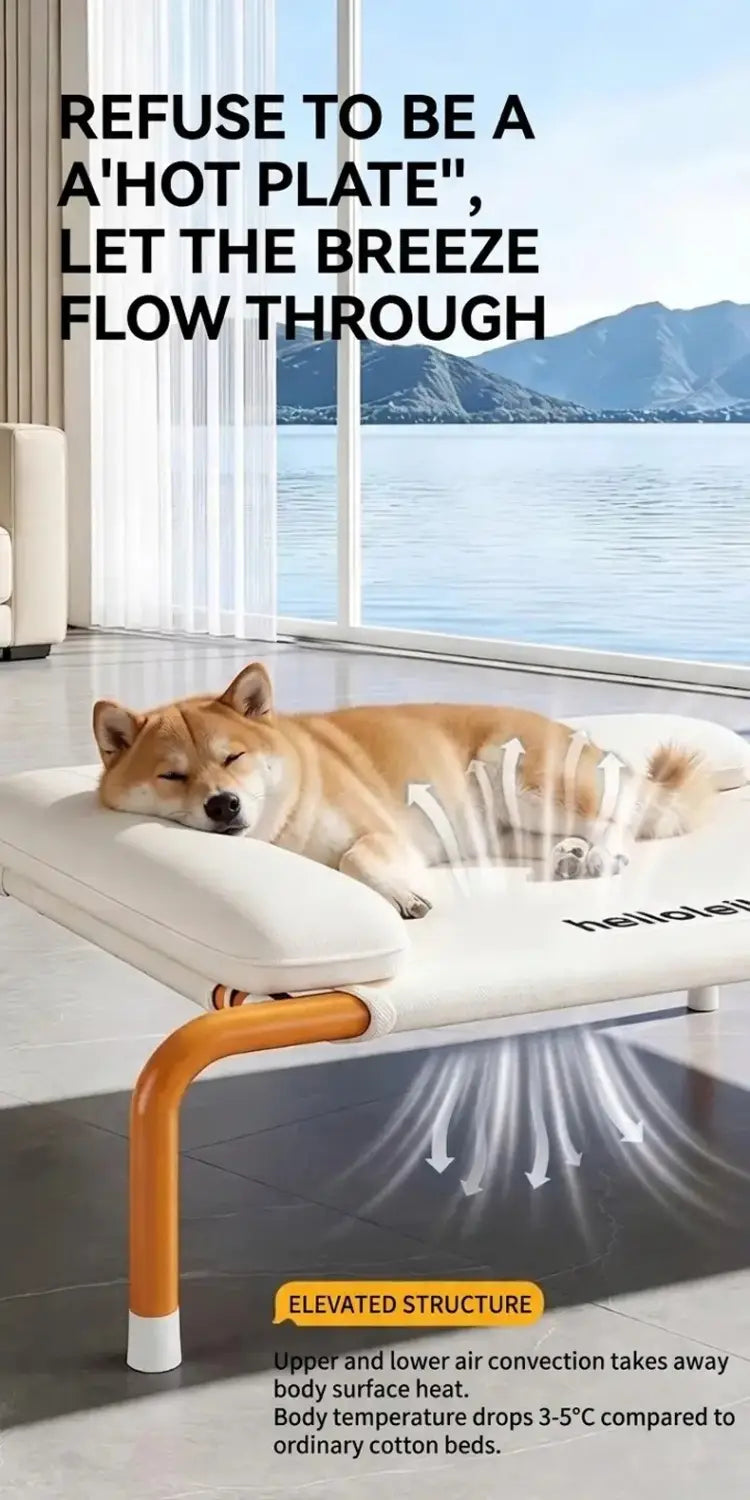 Elevated dog bed featuring a white mesh cooling surface with orange legs and hello branding designed to keep dogs comfortable and cool.