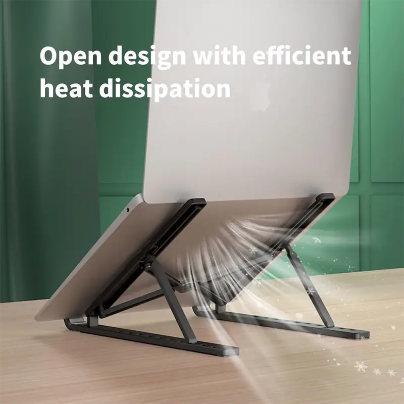 schwarzer Metall-Laptopständer, faltbar und verstellbar, mit offenem Design für eine effiziente Wärmeableitung.