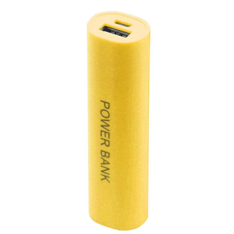 Yellow cylindrical portable 18650 power bank case diy shell charger with usb port and power bank printed vertically on its side.