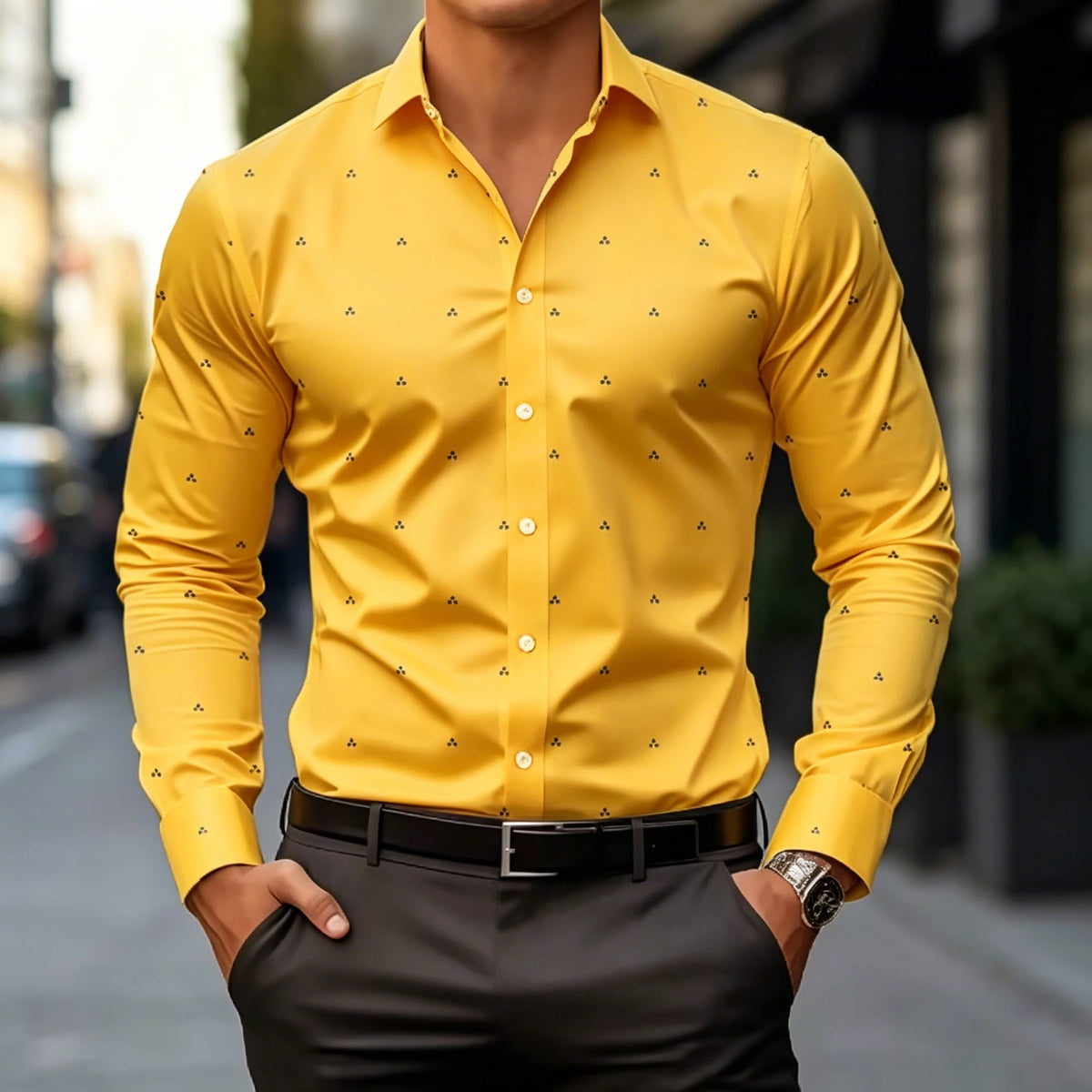 Men Slim Fit Lightweight Long Sleeve Shirt Subtle Geometric Dot Print Breathable Fabric Formal Casual Daily Tops