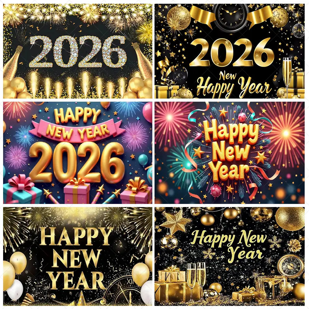 Fond de photographie pour célébrations du Nouvel An, avec paillettes noires et dorées, texte « 2026 » scintillant doré sur fond noir, feux d’artifice et bouteilles de champagne