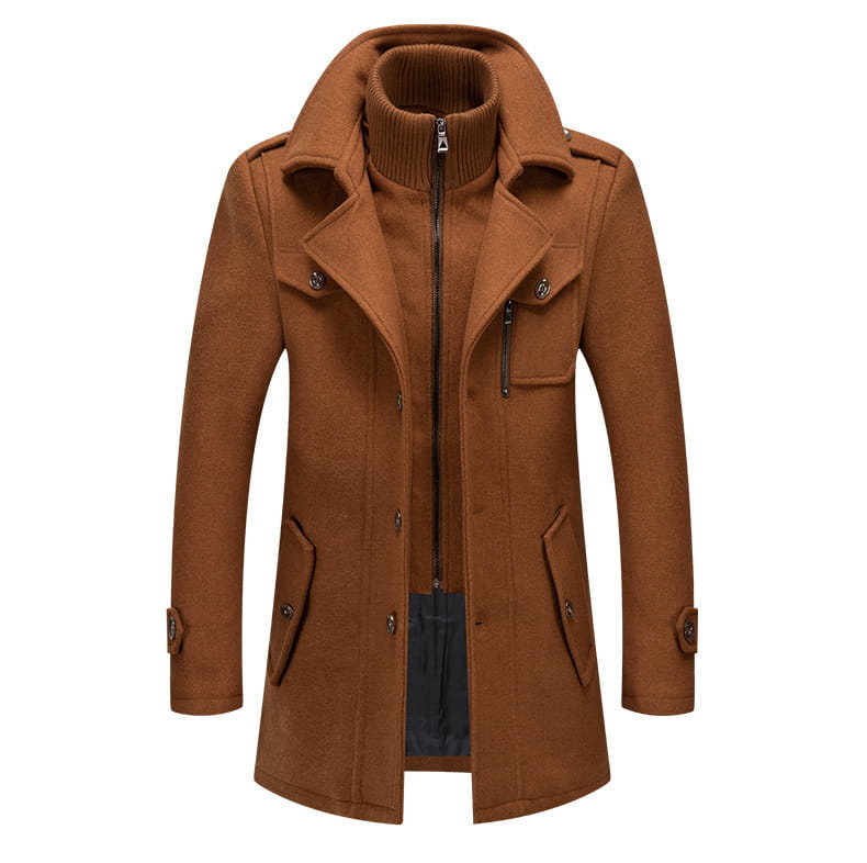 Brauner Woll-Trenchcoat für Herren mit hohem Kragen und Frontreißverschluss, entworfen als Herren-Woll-Trenchcoat mit Doppelkragen und Winterjacke für kaltes Wetter modname=ckeditor