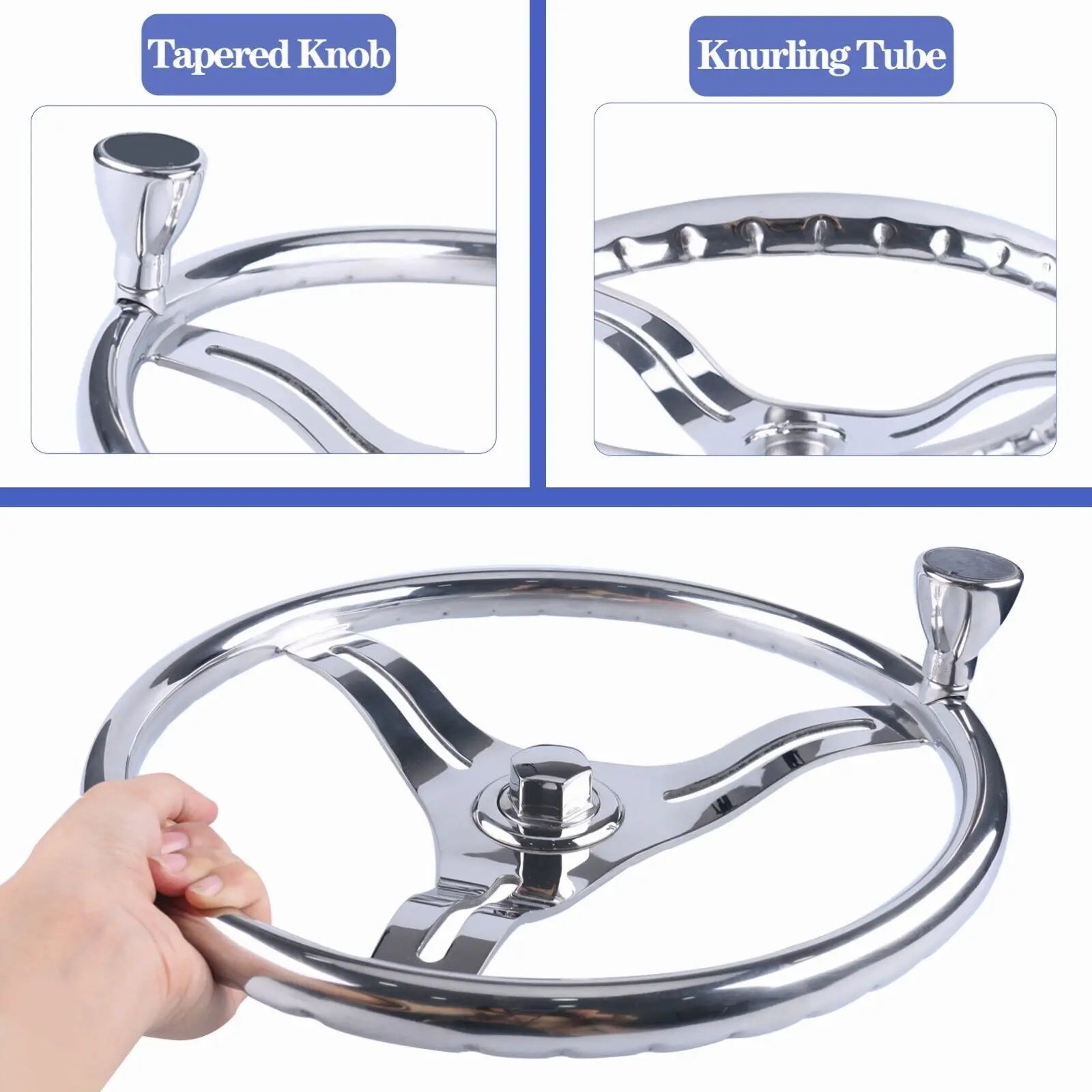 Boat Accessories 13.5'' Stainless Steel Steering Wheel with 5/8 Nut ,3 Spoke Knurling for Marine Boat / Yacht with Power Knob