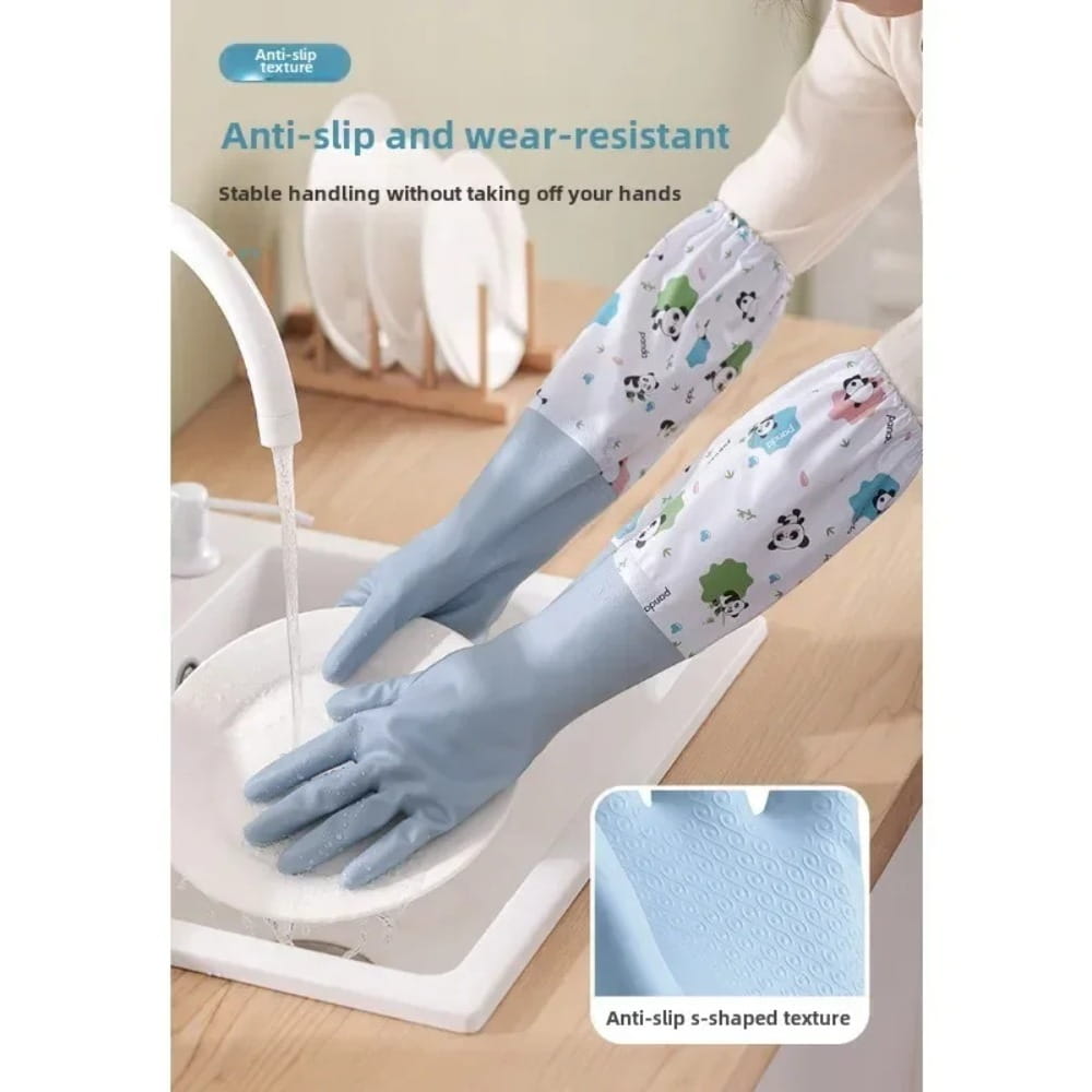 Light blue waterproof cleaning gloves made of anti-slip wear-resistant rubber with a white patterned cuff featuring cartoon pandas.