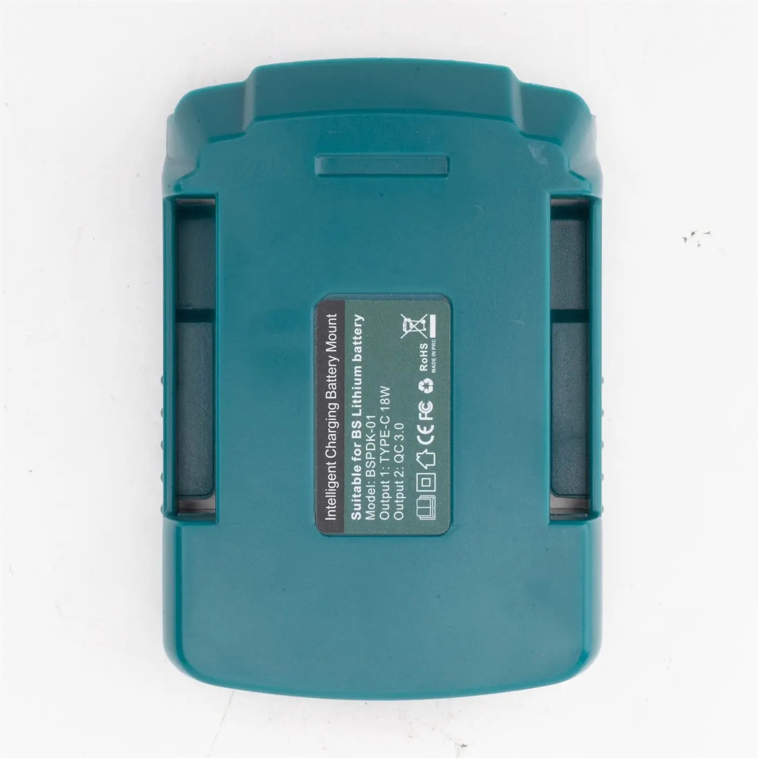 Teal plastic bosch 20v battery power bank with black label showing specifications and safety symbols for fast charger use.