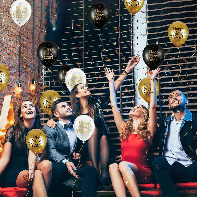 gold and black happy new year balloons with metallic foil lettering floating in a festive party setting from the 2026 new year balloon set party decors