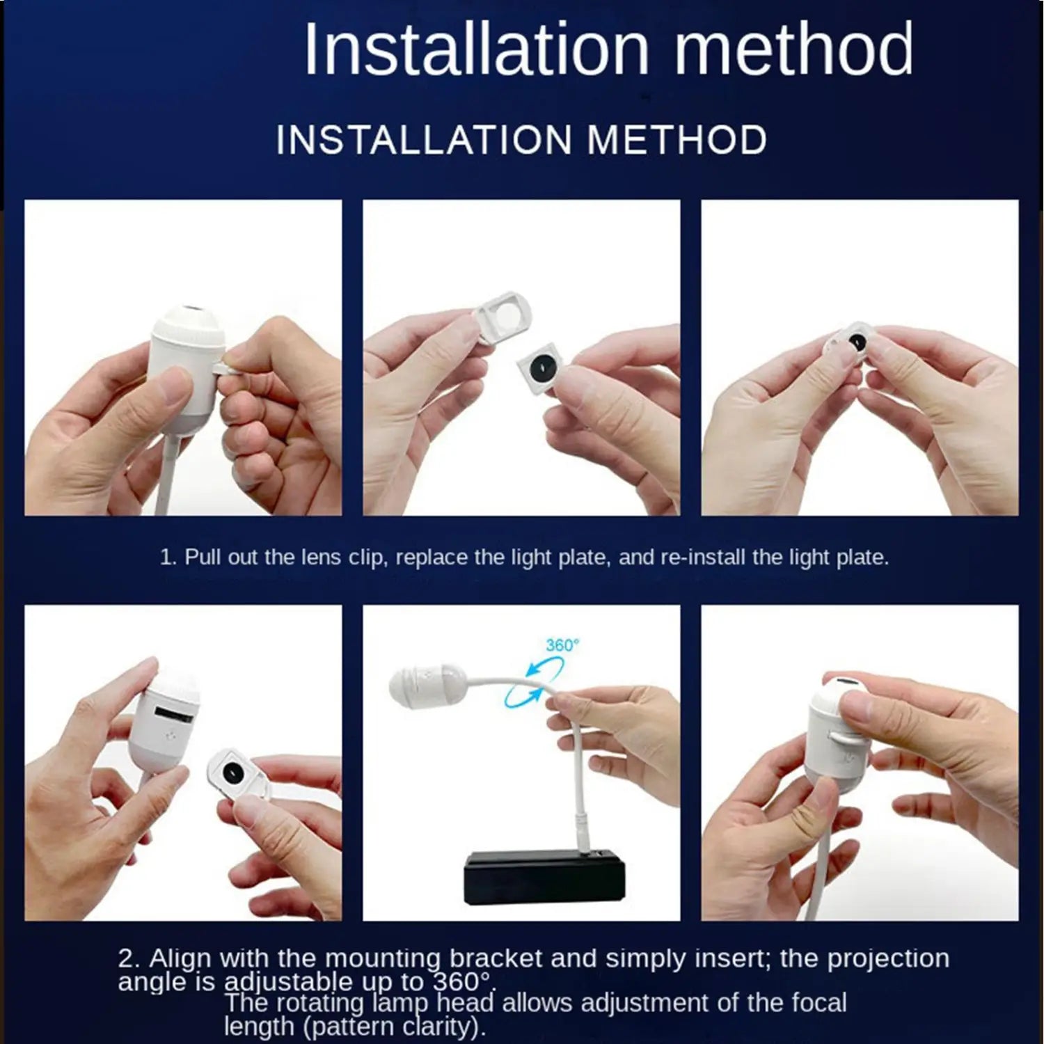 Weiße zylindrische LED-Galaxy-Projektor-Nachtlampe mit einstellbarem, um 360 Grad drehbarem Kopf und abnehmbarem Lichtplattenteil für einen einfachen Linsentausch; im Galaxy-Projektor-Set enthalten, mit 24 Folien