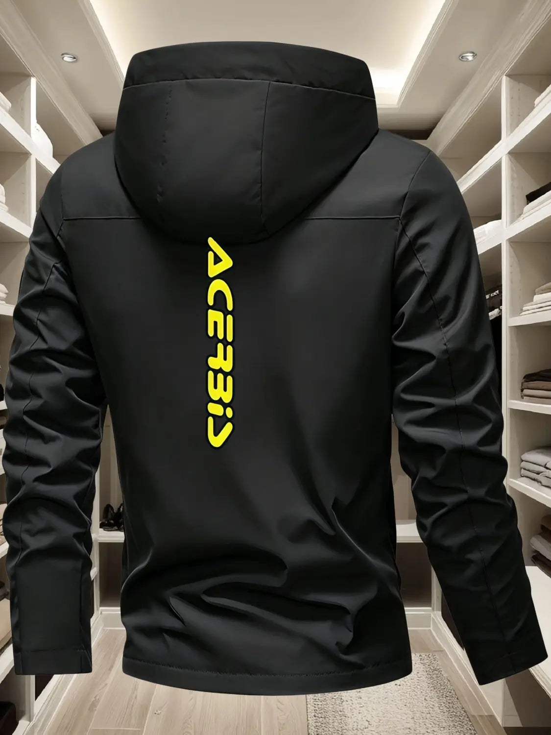 Men off road hooded windproof jacket in black featuring a vertical neon yellow ace3315 logo on the back for casual outdoor use