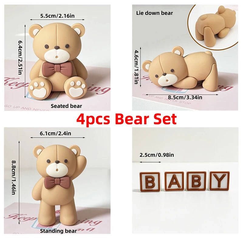 茶色の蝶ネクタイをあしらった4体のベージュ色レジンベア。座り、立ち、寝そべりの各ポーズのミニベア ケーキトッパーセットです。