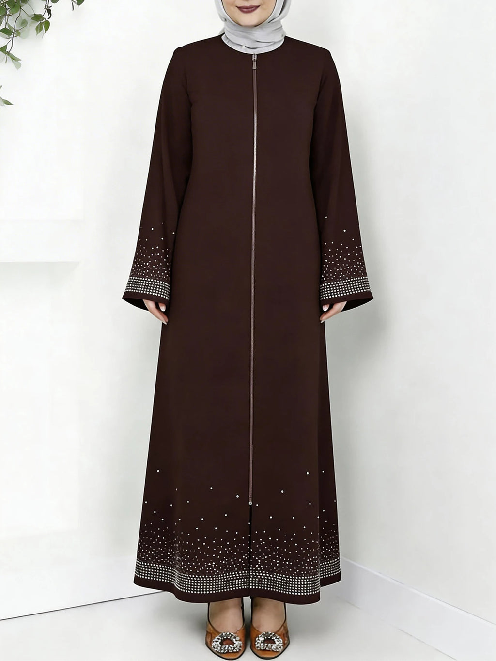 Middle Eastern Arabian Women Elegant Dress Long Sleeve Star Rhinestone Loose Solid Color