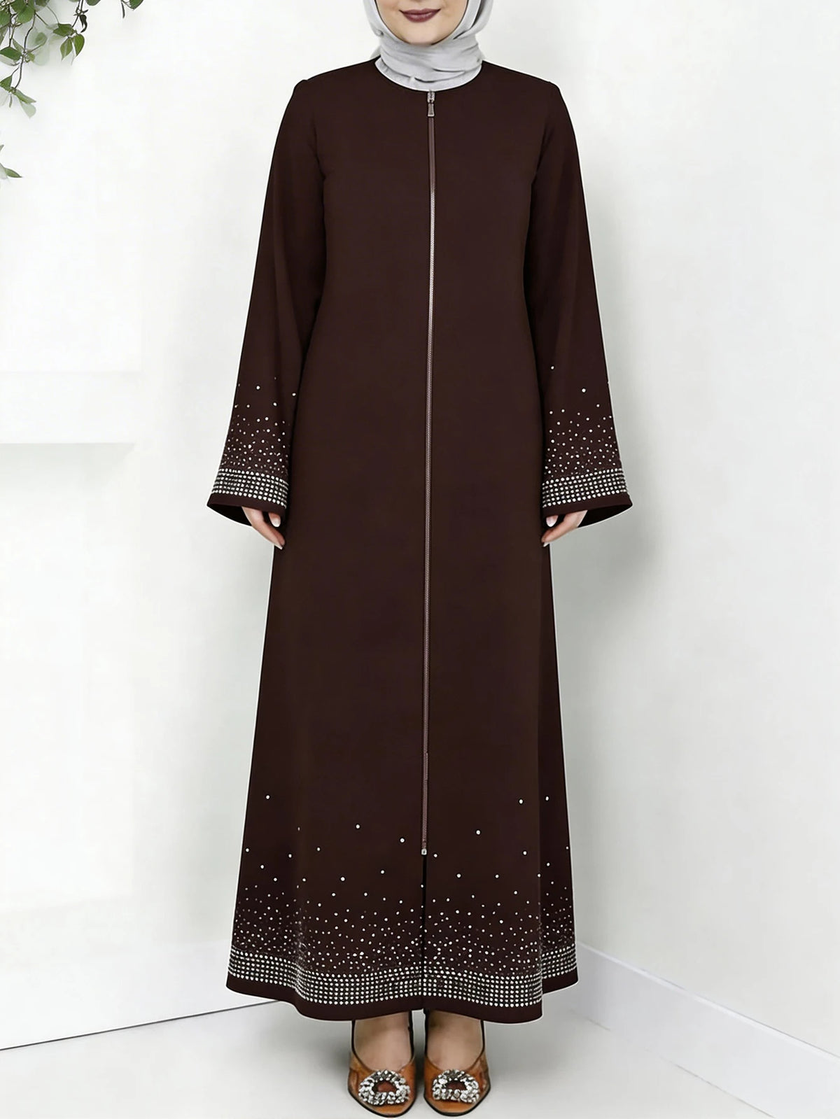 Middle Eastern Arabian Women Elegant Dress Long Sleeve Star Rhinestone Loose Solid Color