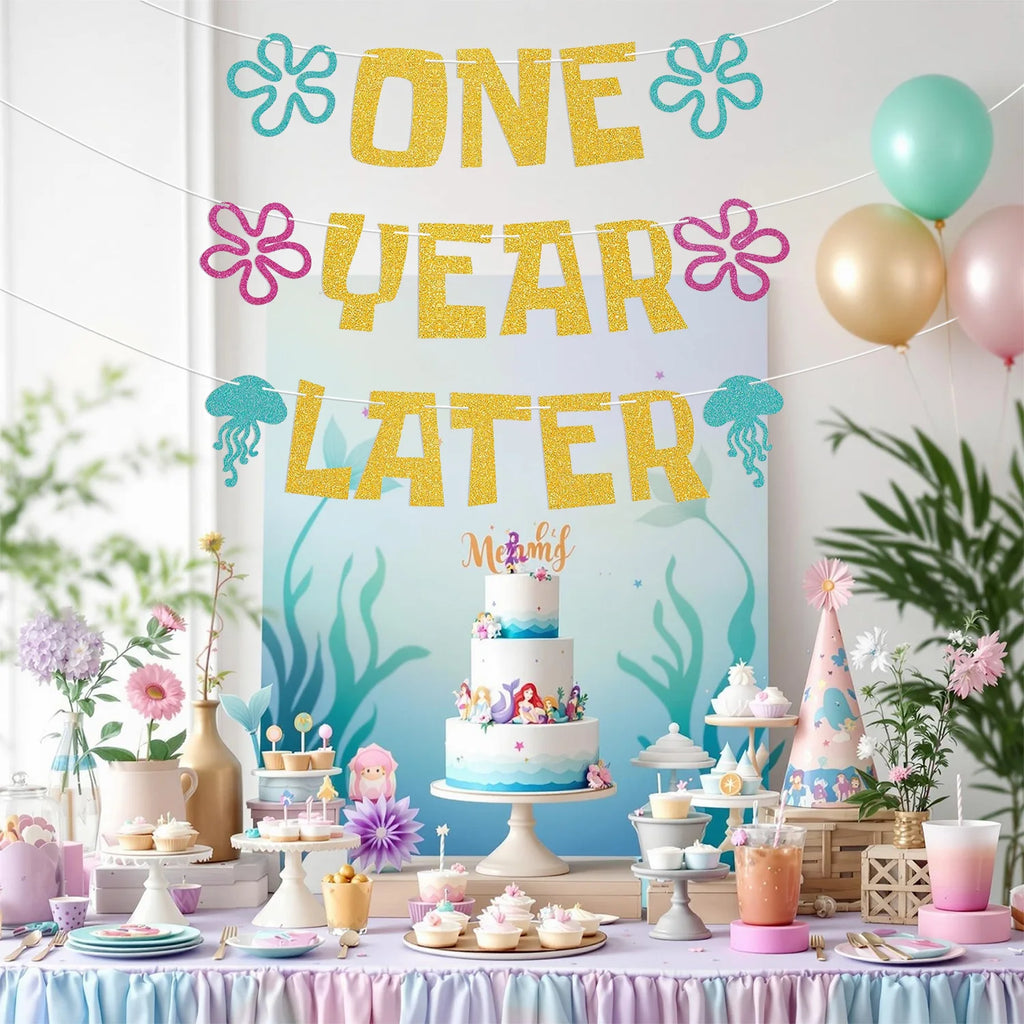 One Year Later Banner - Sea Animals First Birthday Decor, Yellow Undersea Theme Cartoon 1st Birthday Decorations Gold