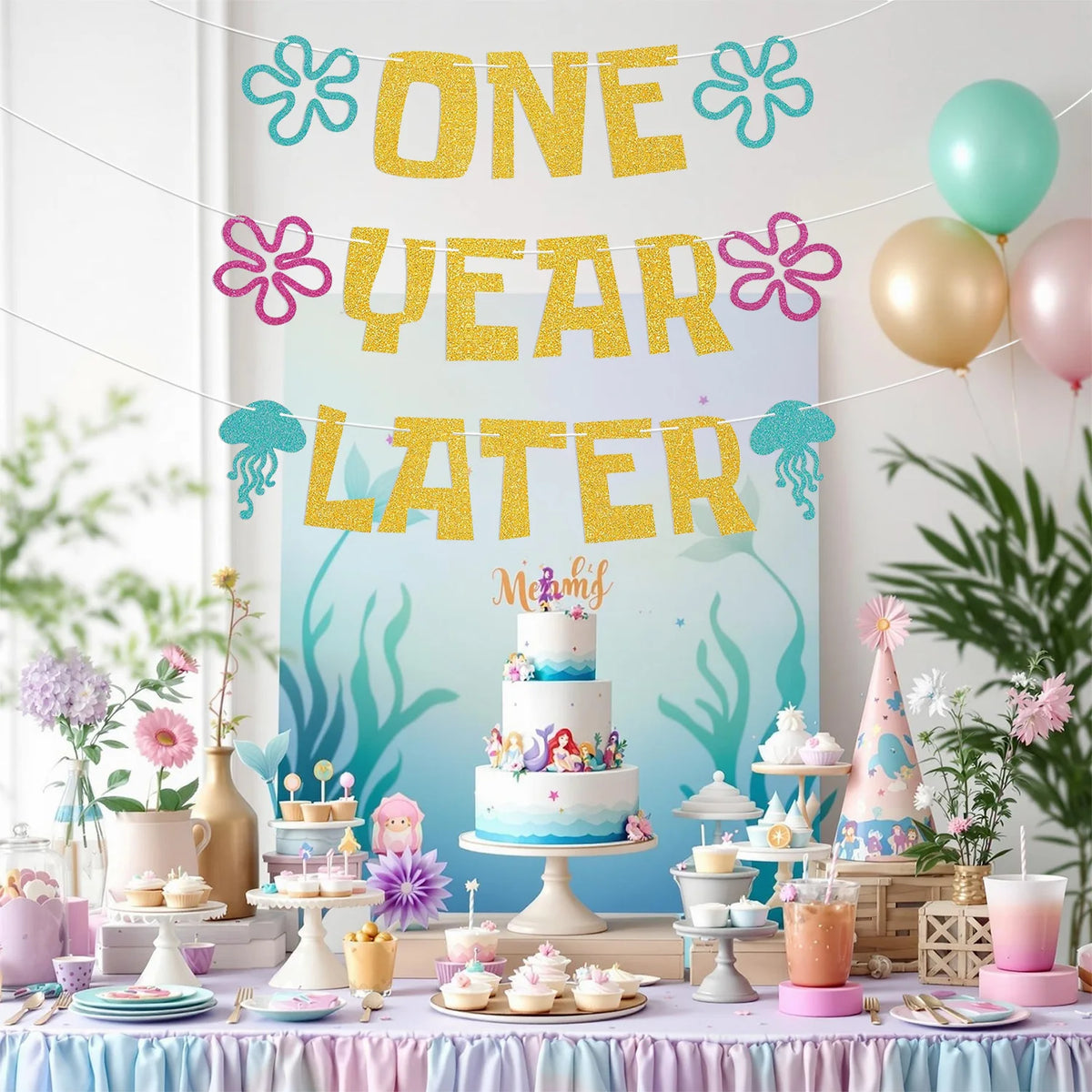 One Year Later Banner - Sea Animals First Birthday Decor, Yellow Undersea Theme Cartoon 1st Birthday Decorations Gold