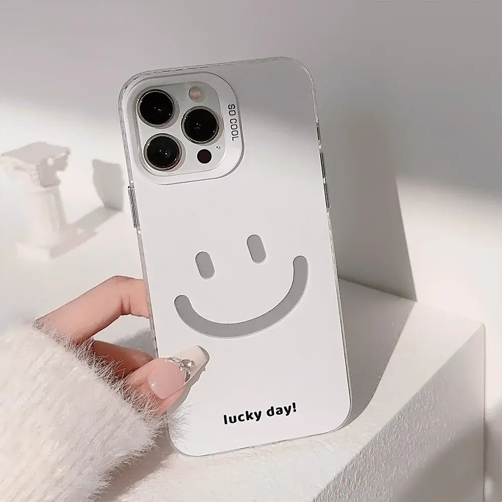 Funda de teléfono transparente blanca con diseño de carita sonriente gris y el texto «Lucky Day» en el lado posterior, para funda minimalista de iPhone