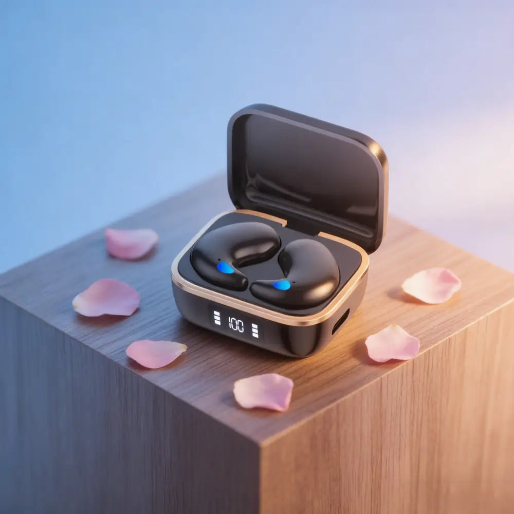 Black wireless sleeping earbuds with blue accent lights nestled in a sleek gold-trimmed charging case displaying 100 on its digital screen.