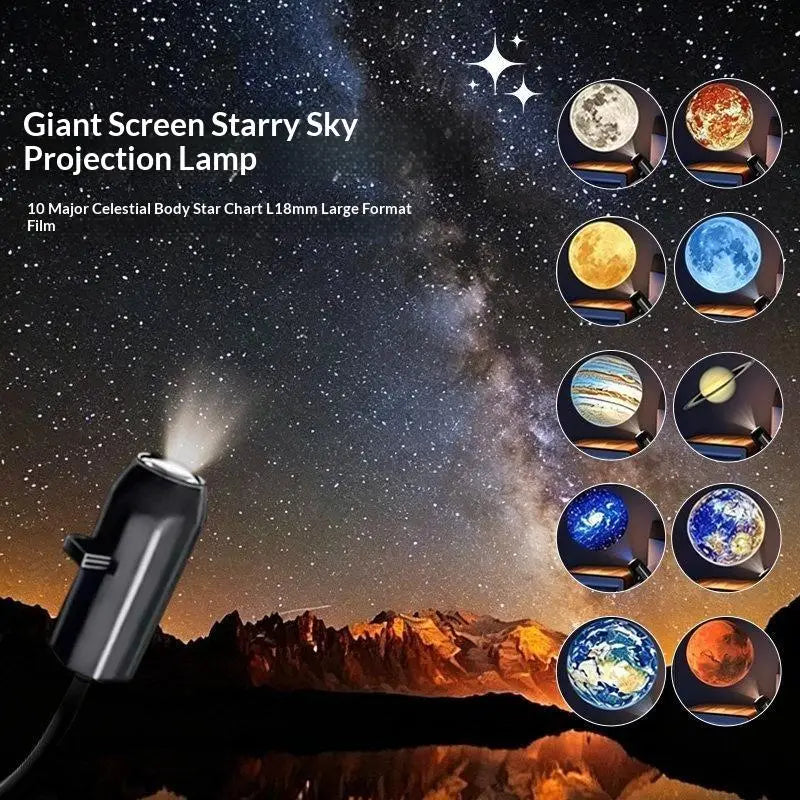 black cylindrical usb star galaxy projection lamp with metal gooseneck casting a starry night light onto a mountainous landscape powered by usb power