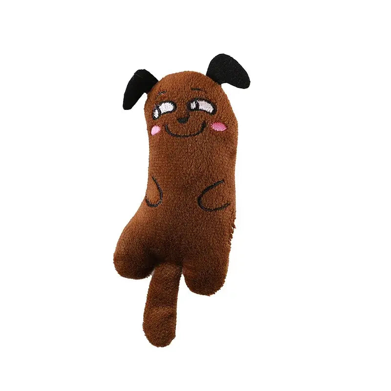 黒い耳と刺しゅうによる表情を備えたブラウンのぬいぐるみ犬のおもちゃ。ぬいぐるみキャットニップおもちゃのインタラクティブな子猫向け噛む動物おもちゃタイプの一部です。