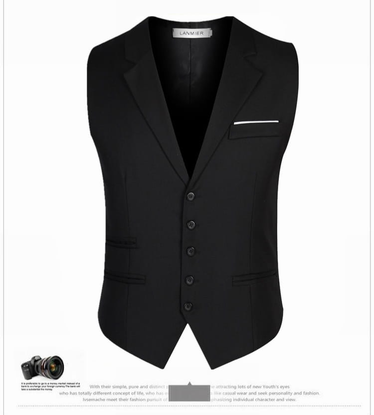 Men slim fit suit vest formal business waistcoat in black lanmier fabric with notched lapels and single-breasted design.