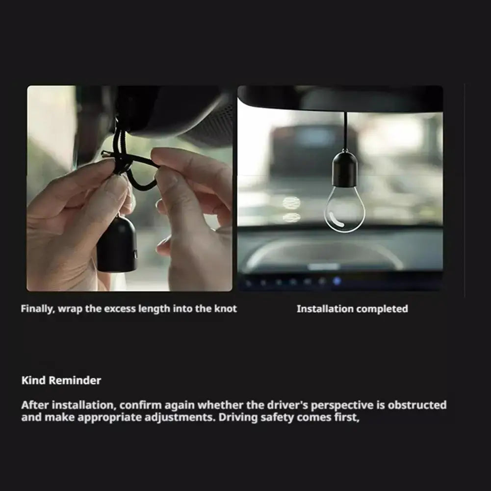 Éclairage d’ambiance d’ampoule LED décorative suspendue pour voiture, présentant un ornement d’ampoule lumineuse suspendue noire avec une globe en verre transparent et une base en plastique noir, conçu pour la décoration de l’habitacle de la voiture à l’aide d’ampoules LED décoratives.