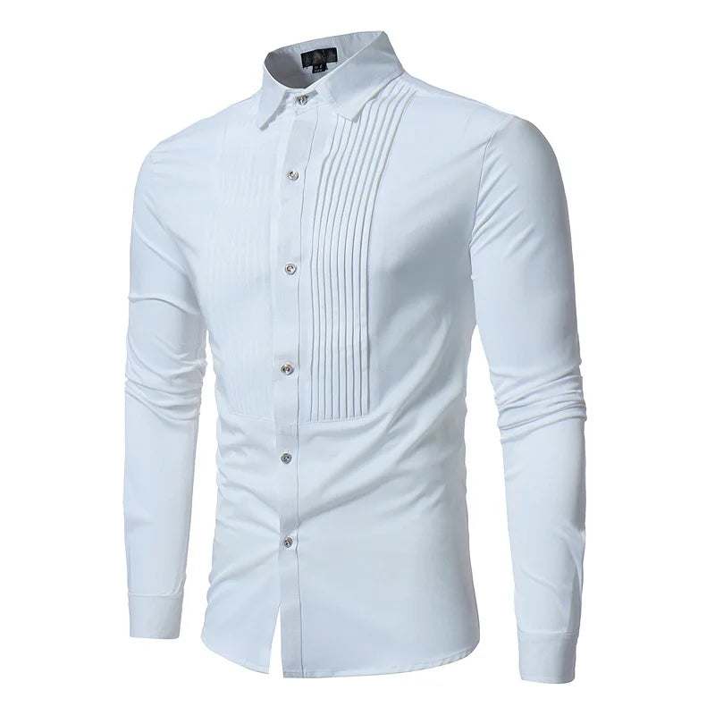 New Men's Fashion Solid Shirt Casual Long Sleeve Slim Party Dress Shirt Front Pleated Design Wedding Dinner Formal Shirt for Men