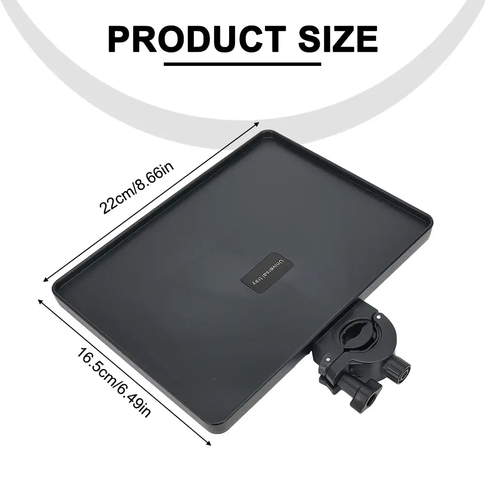 Plateau de support de microphone rectangulaire noir avec support pour téléphone, doté d’une platine de fixation fixée sur un côté.