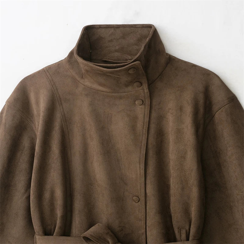 Women's Suede-Look Jacket, Loose Long Sleeve Belted Coat, Casual Commuter Autumn and Winter Jacket