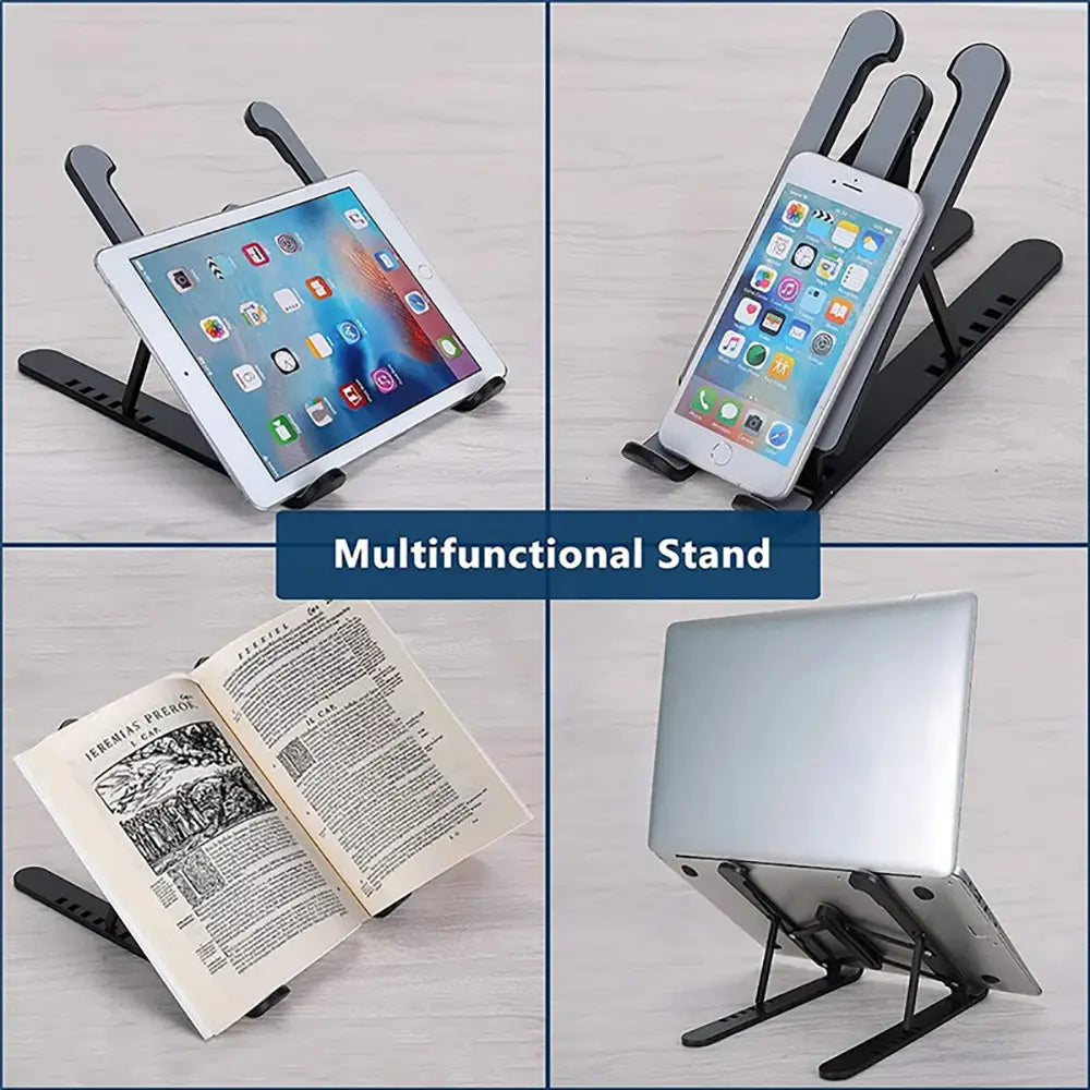 Support pour ordinateur portable multifonction, pliable et réglable, noir, fabriqué dans une matière durable, conçu comme un support ergonomique pour tablettes, smartphones, ordinateurs portables et livres.