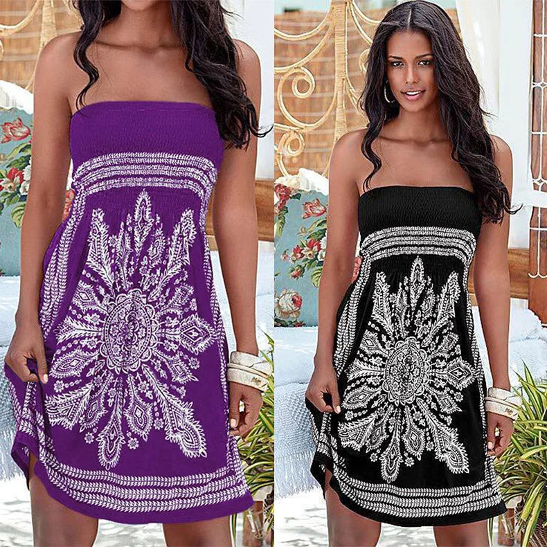 Women Dresses 2025 Spring/Summer New European Fashion Printed Sexy Strapless Dress Women's Clothing Vestidoes