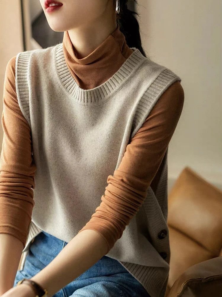 New Fashion 100% Merino Wool Women Sweater Vest Autumn Winter Female Knitwear Solid Pullover Sleeveless Cashmere Clothing Tops