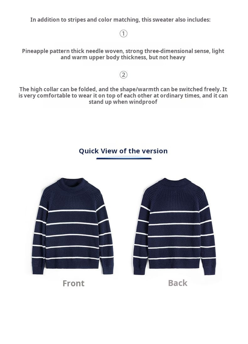 Navyblauer und weißer horizontal gestreifter Rollkragenpullover für Herren mit einer dicken, gewebten Nadel-Textur, ausgelegt für warme Strickkleidung im Winter.