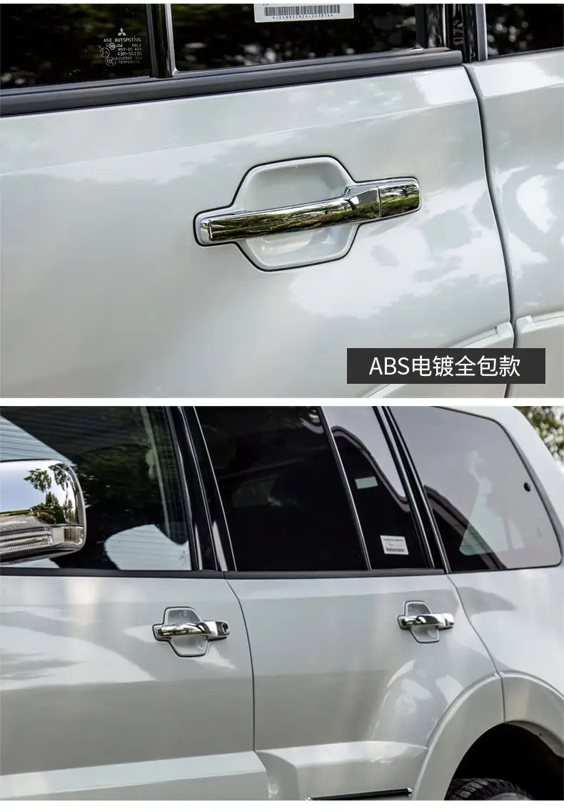 Garniture de poignée de porte en chrome pour Mitsubishi Pajero blanc 2007 à 2021, réalisée en plastique ABS avec revêtement de chrome électrodéposé.